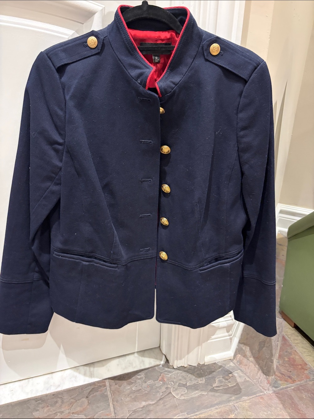 Talbots Navy Military-Style Blazer with Gold Buttons and Red Trim